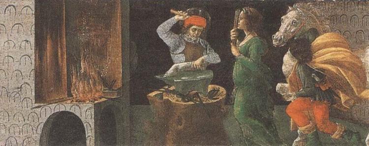 St Eligius shoeing the detached leg of a horse, Sandro Botticelli